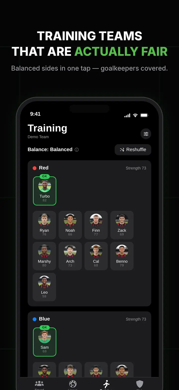 Balanced training teams screen