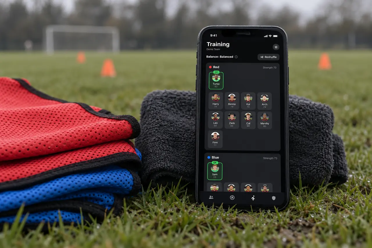Phone showing the balanced training teams screen next to red and blue training bibs