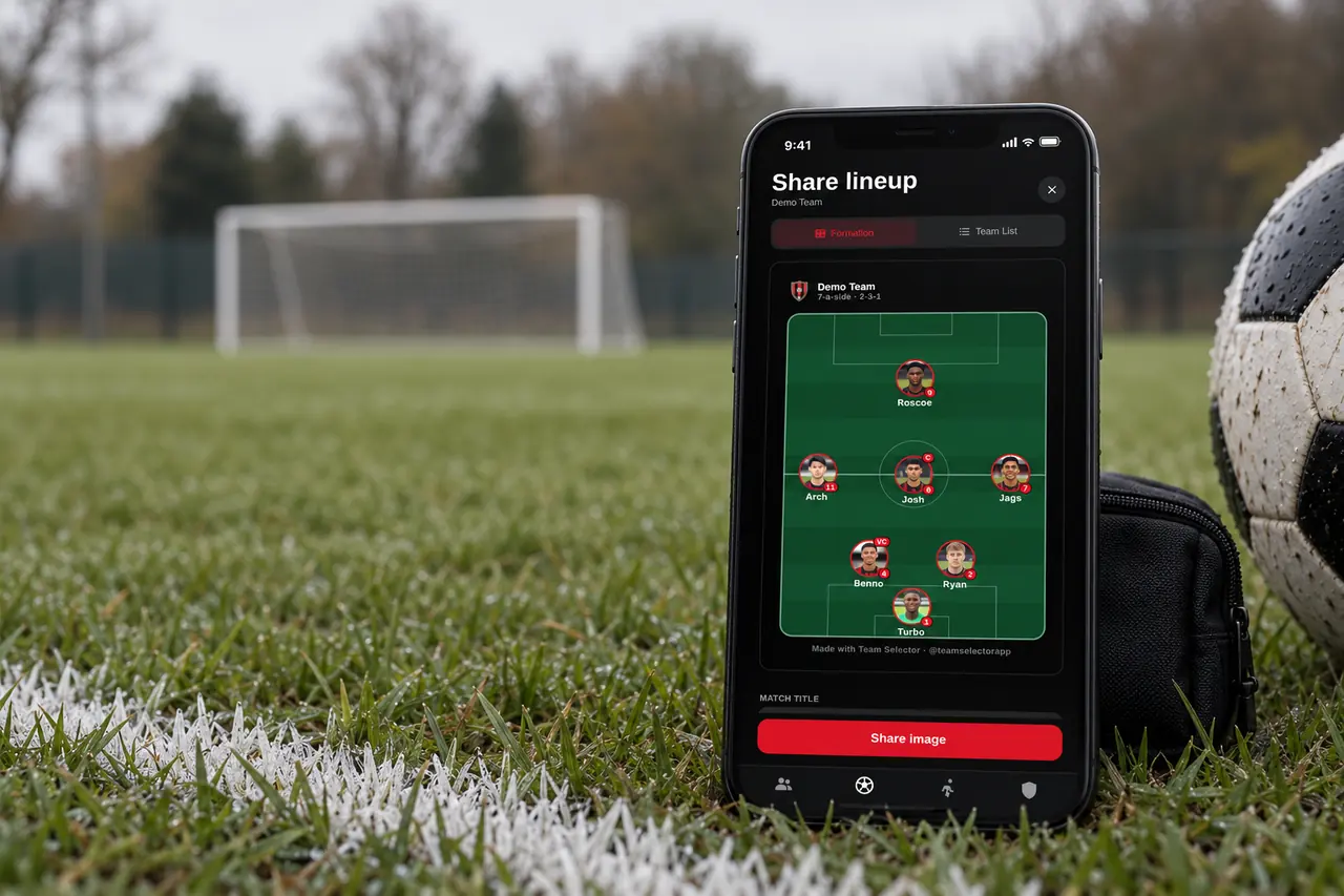 Phone showing a shared lineup graphic on a formation pitch, resting on the grass by the touchline