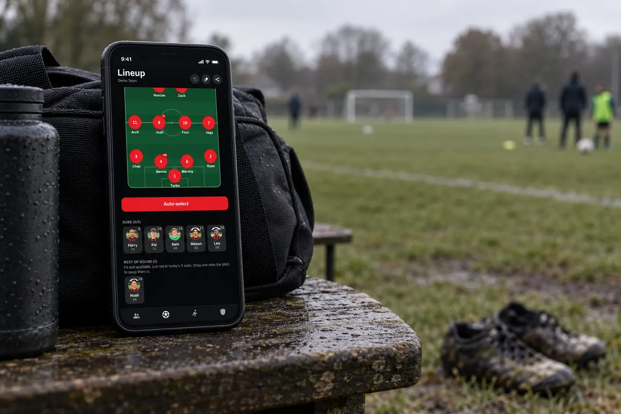 Phone on a pitchside bench showing the subs screen, with a kit bag and boots alongside